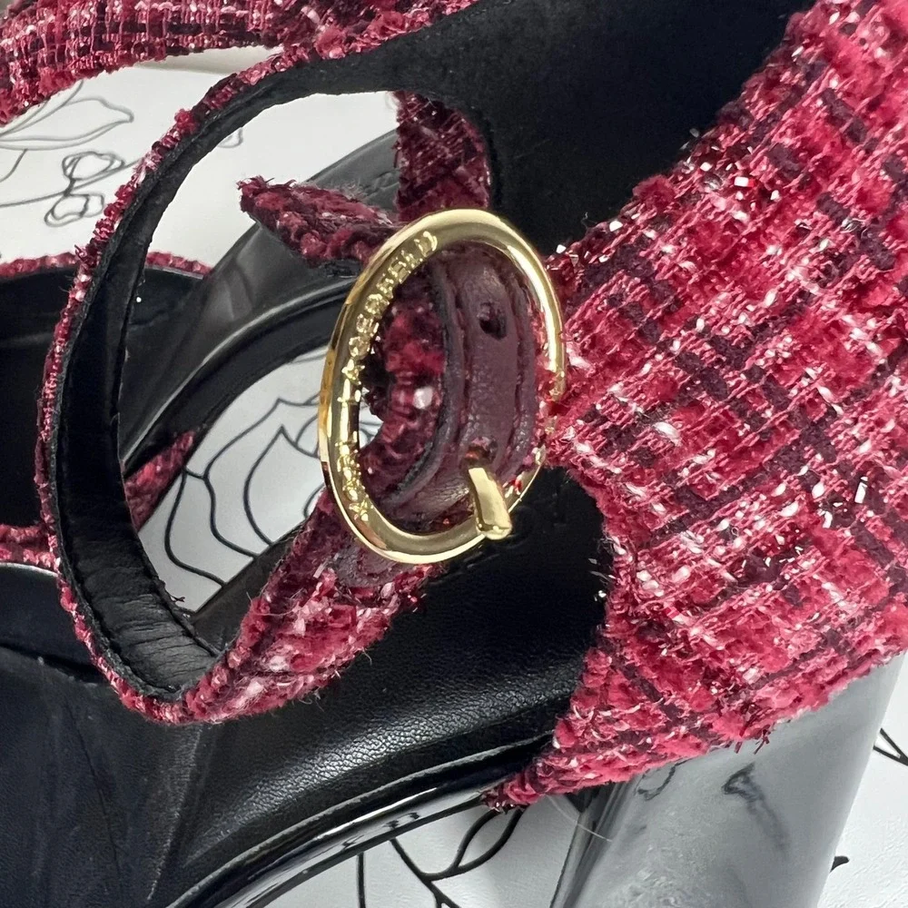 Karl Lagerfeld Paris Sapphira Tweed Cap Toe Block Heel Pumps Burgundy 8.5M